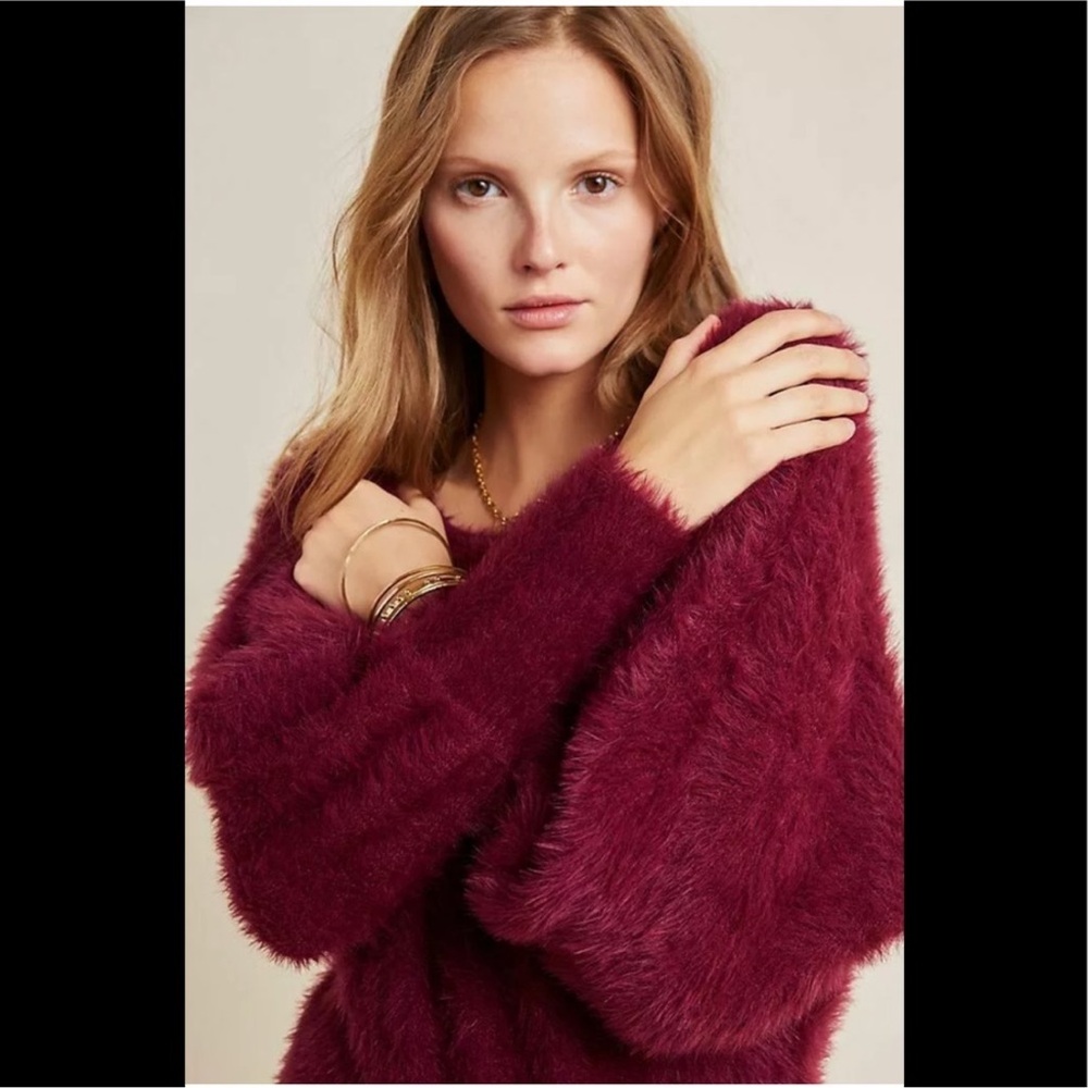 Anthropologie Women’s Ember Eyelash Burgundy Fuzzy Sweater Sz L